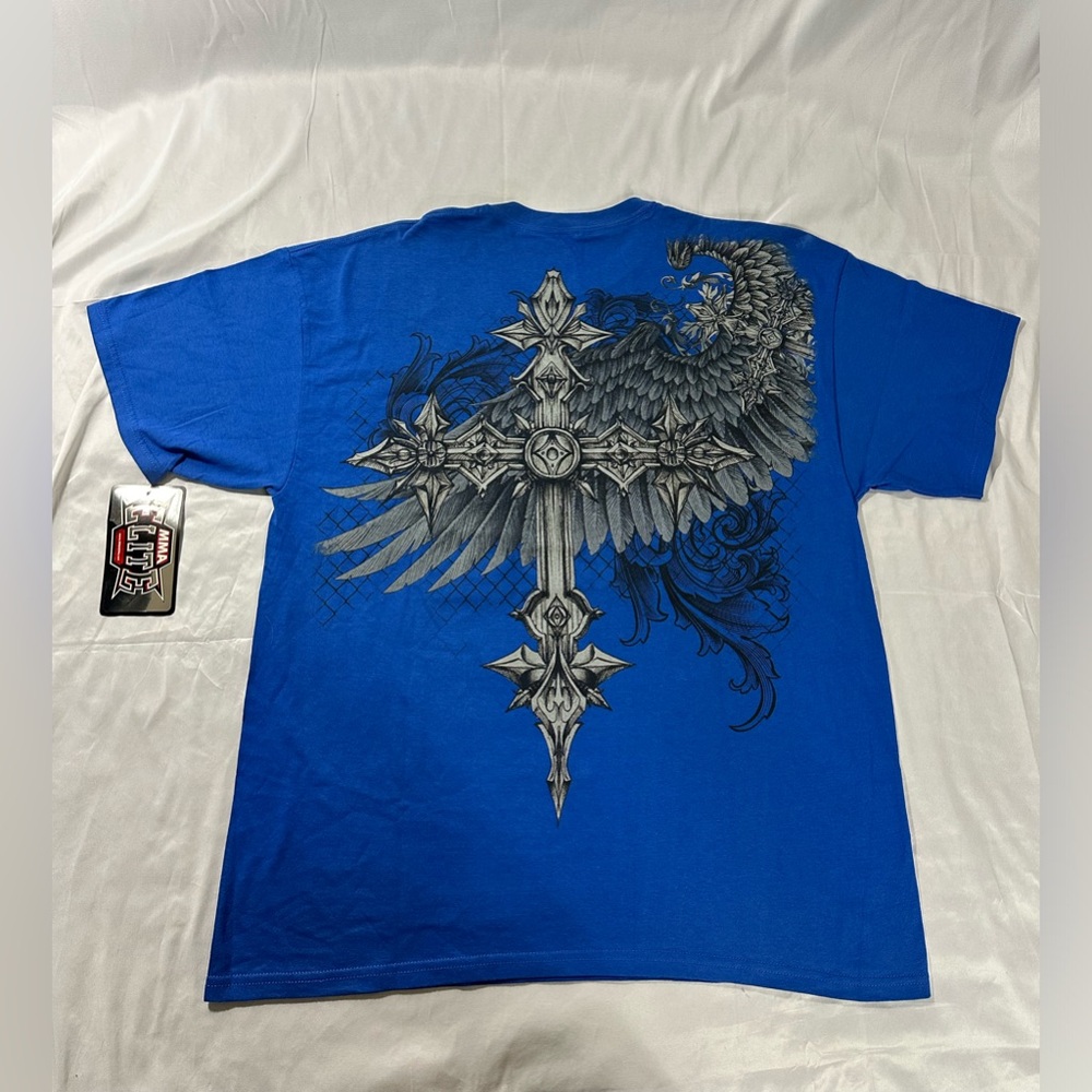 MMA Elite Y2K Winged Cross Shirt Large Blue NWT Retro Cyber Grunge Rare